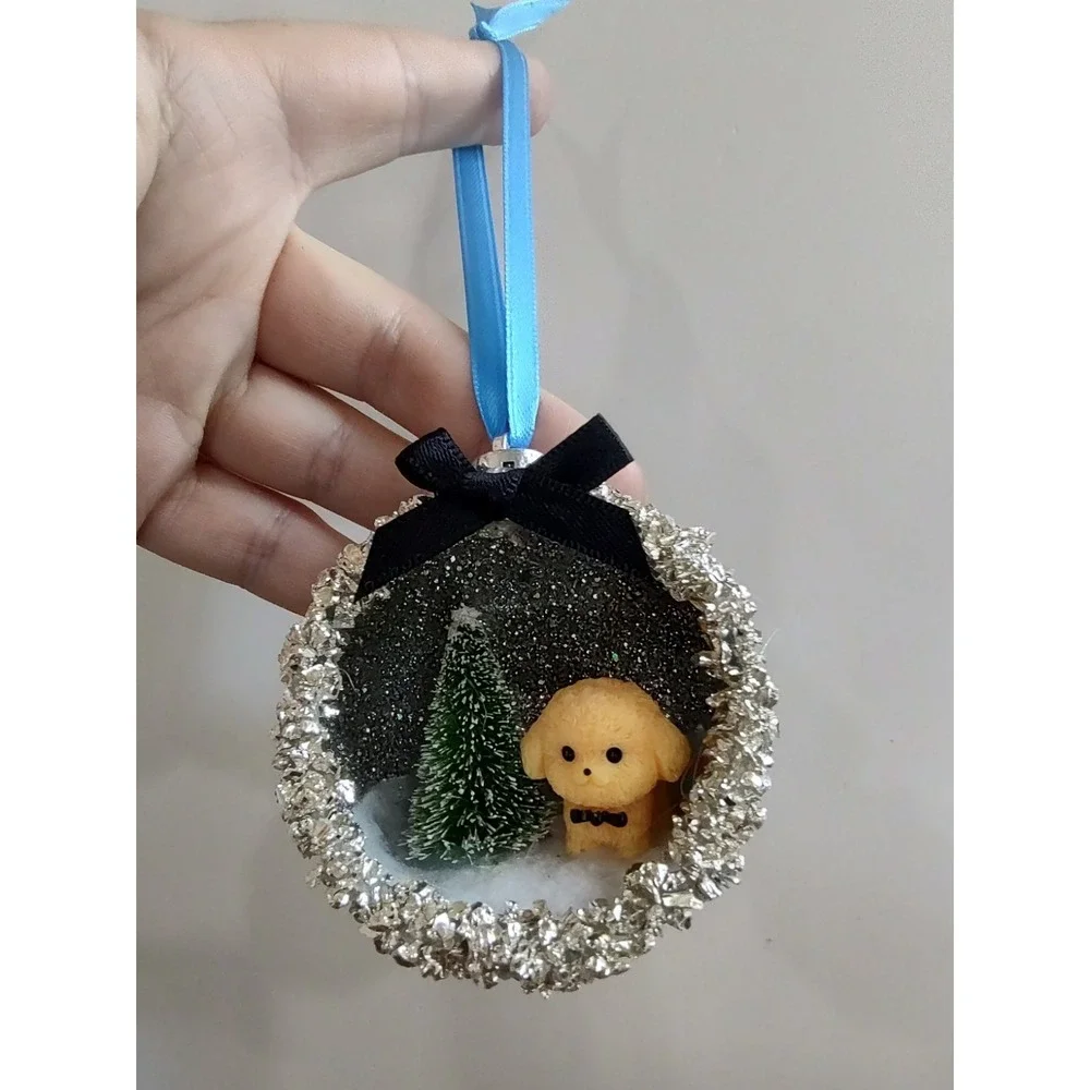 Dog Christmas Ornament Handmade Vtg Style OOAK Shatterproof Poodle Diorama O7
